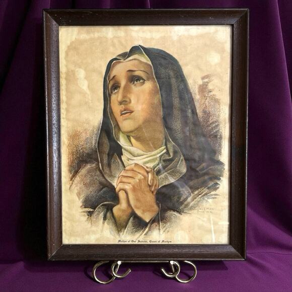 Vintage 30’s Eli J Allman Mary Religious Art Lithograph Catholic Framed Print - Picture 1 of 7